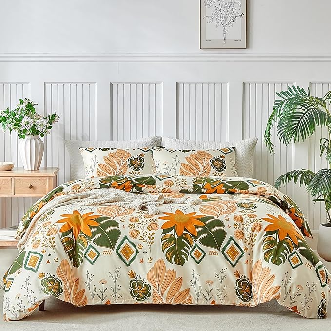 Lekesky Queen Size Reversible Duvet Cover, Duvet Cover Queen Size 3 Piece Baroque Microfiber Botanical Bedding Set with Zipper Closure 8 Corner Ties