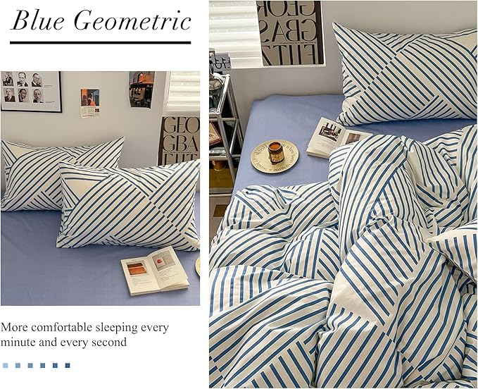 VM VOUGEMARKET Blue Geometric Duvet Cover Set, 100% Cotton Stripes Bedding Set,3 Pieces Instagram Style Simple Modern Duvet Cover with 2 Pillowcases-Queen,Blue Stripes