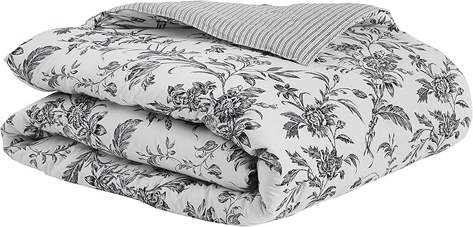 Laura Ashley - King Comforter Set, Reversible Cotton Bedding, Includes Matching Shams with Bonus Euro Shams & Throw Pillows (Amberley Black/White, King)