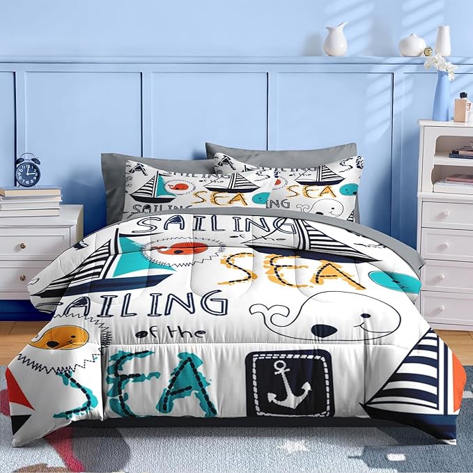 Nesker 7 Pcs Comforter Set Queen Size, Cute Nautical Sailboat Boat Bedding for Kids Teen, Sea Whale with Fitted Sheet 2 Pillowcases & 2 Shams for Bedroom Bed Decor