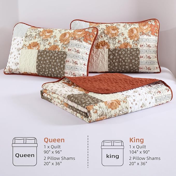 Patchwork Quilts Set Queen Size 3 Pieces Terracotta Plaid Bedspread Coverlet Set, Bohemian Farmhouse Brown Patchwork Quilt Bedding Set for All Season, Reversible Lightweight Bed Cover for All Season