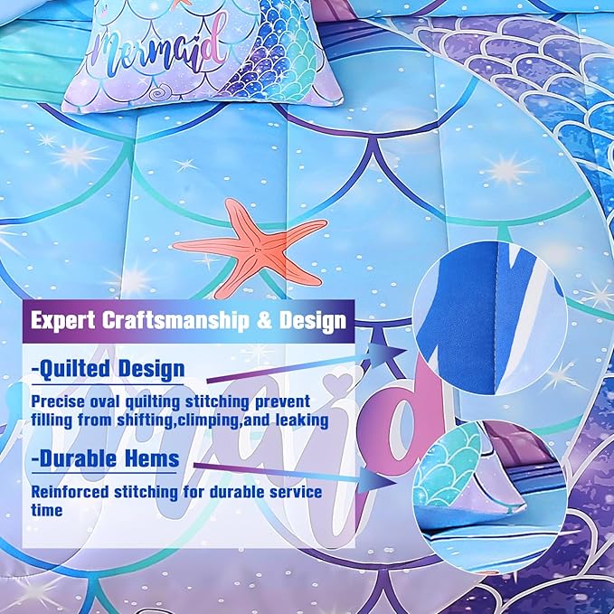 JQinHome Mermaid Comforter Set Twin Size, 6 Piece Mermaid Tail Bed in A Bag,3D Colorful Mermaid Bedding Set for Girls Kids, Sparkle Teal Bedroom Decor Bedding Set with Sheets (Blue)