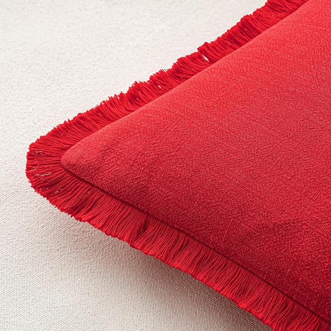 MIULEE Decorative Throw Pillow Covers Neutral Linen Fringe Throw Pillows Euro Shams Set of 2 Red Boho Farmhouse Cushion Covers with Tassels for Couch Sofa Bed Living Room Decor 24x24 Inch