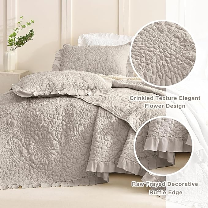 Masaca Ruffled Oversized King Bedspread 120x120,3Pcs Crinkled Extra Large Farmhouse Shabby Boho Chic King Quilt Bedding Set Linen Colored Soft Lightweight Rustic Bedspreads for All Season