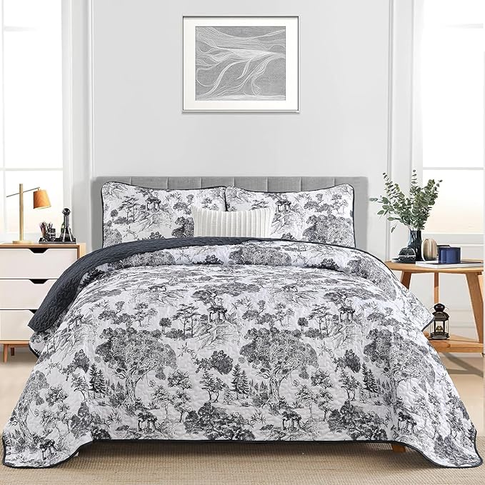 WONGS BEDDING Botanical Quilt Set Queen Size, Black 3 Pieces Toile Floral Plants Printed Bedspread Bedding Set Soft Lightweight Microfiber Coverlet Set for All Season (96"x90")