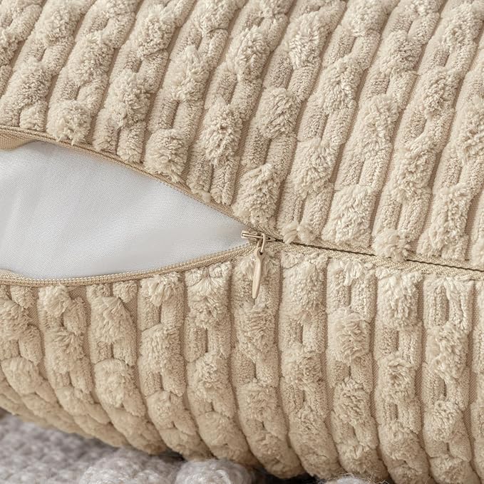 MIULEE Pack of 2 Decorative Throw Pillow Covers 18x18 Inch Soft Boho Striped Textured Corduroy Pillow Covers Modern Farmhouse Home Decor for Couch Bed Sofa Living Room Beige