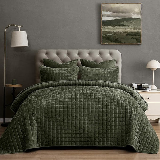 PHF Luxurious Velvet Quilt Set King Size – 3PCS Super Soft Quilted Comforter Alternative with Square-Box Quilt Pattern, Warm Quilted Bedspread Coverlet, 108" x 92", Smokey Olive