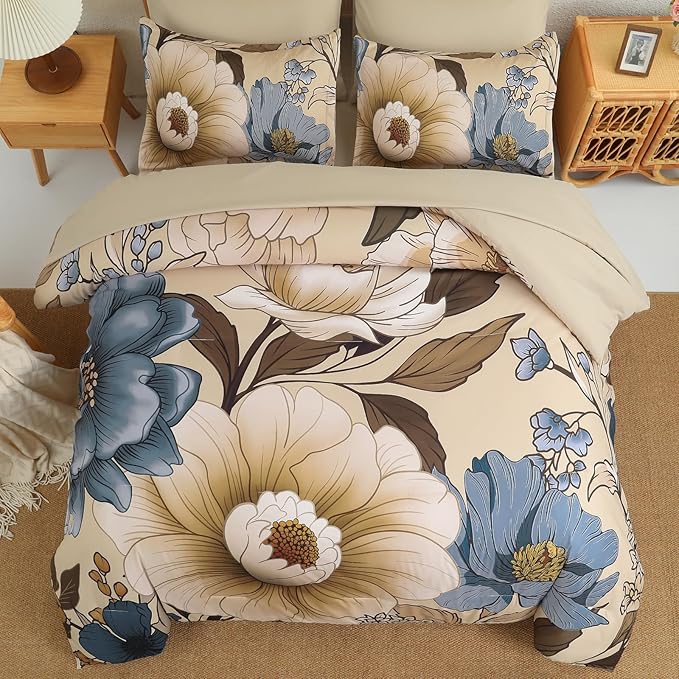 Xruibed Fall Floral Comforter Set King Size 7 Pieces Bed in a Bag Brown Flower Bedding Sets Lightweight Boho Bed Set with Sheet,Pillowcases&Shams for All Season