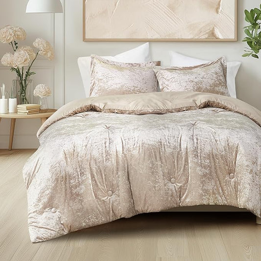 Comfort Spaces Luxe King Comforter Set - Velvet Comforters for King Size Bed, Microfiber Reverse, Juliette, All Season Bedding, Fluffy Bed Set, Sham, Champagne 3 Piece