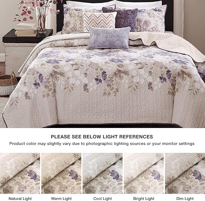 Madison Park Luna Quilt Modern Classic Design All Season, Breathable Coverlet Lightweight Bedding Set, Matching Shams, Decorative Pillow, Full/Queen(90"x90"), Floral Taupe 6 Piece