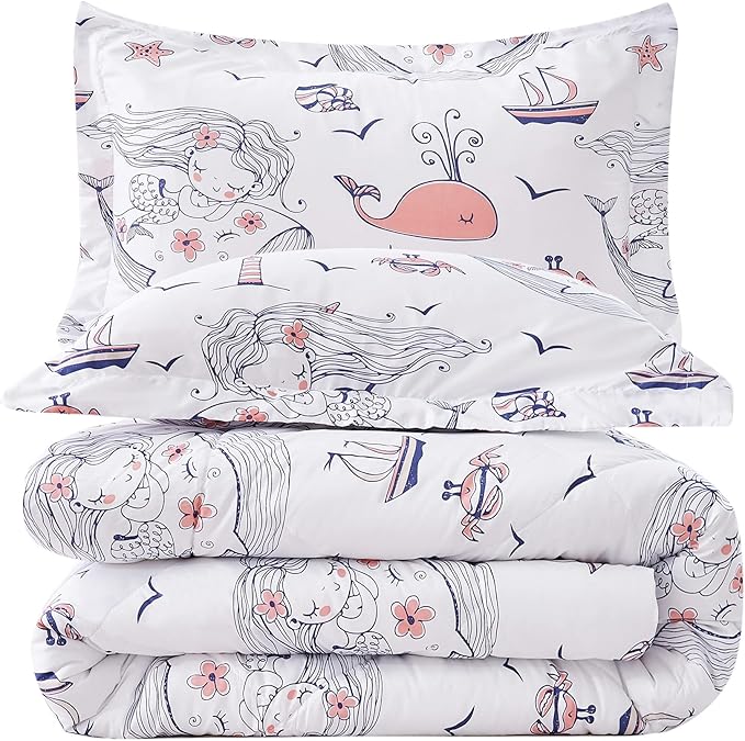 JSD Mermaid Twin Comforter Set for Girls, 2 Piece Ocean Theme Microfiber Comforter with Pillow Sham, Lightweight All Season Washable