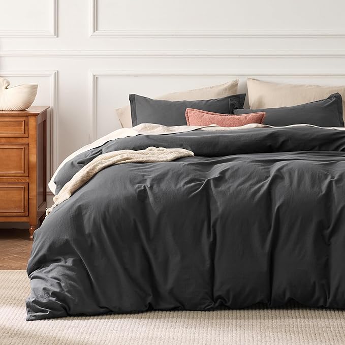 Bedsure 100% Washed Cotton Duvet Cover King - Charcoal Minimalist Cotton Duvet Cover Linen Like for All Seasons - GentleSoft™ Plain Simple Bedding (Charcoal, King, 104"x90")