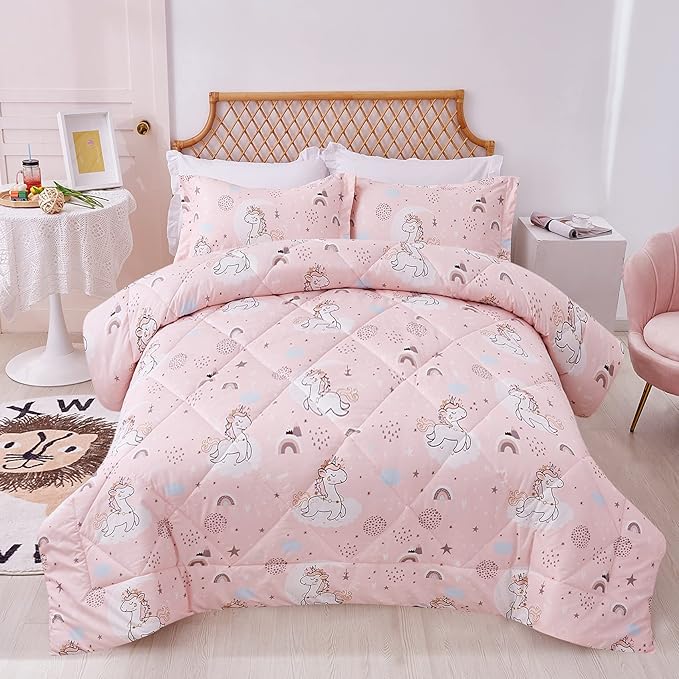JSD Pink Unicorn Kids Comforter Set Queen Size, 3 Piece Printed Microfiber Comforter with Pillow Sham, Machine Washable