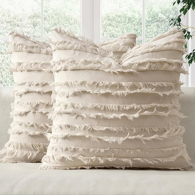 MIULEE Decorative Boho Throw Pillow Covers Set of 2 Spring Neutral Beige Linen Striped Jacquard Pattern Modern Cushion Covers for Sofa Couch Living Room Bedroom 18x18 Inch Home Decor