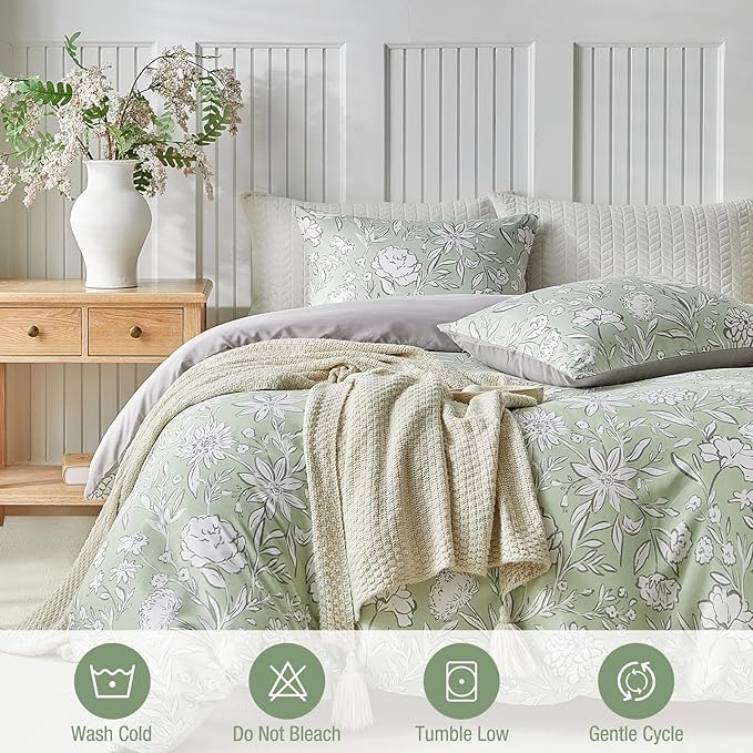 Lekesky King Size Duvet Cover Set, Reversible Duvet Cover King with White Floral Pattern, Lightweight Soft Microfiber Comforter Cover, 3 Pieces Green Bedding Set with Zipper and 2 Pillowcases