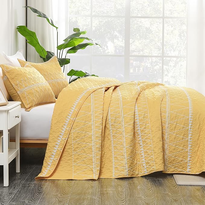 Andency Yellow Twin Quilt Set, 2 Pieces Boho Lightweight Soft Striped Bedspread for All Season (68"x86"), Printed Bohemian Microfiber Reversible Coverlet Comoforter Sets