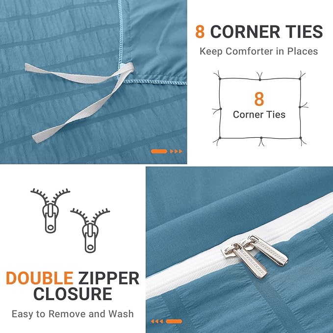 HYMOKEGE Mineral Blue Duvet Cover Queen Size, Ultra Soft 3-Piece Seersucker Duvet Cover Set with Zipper Closure, Soft Brushed Microfiber Bedding Set with 8 Corner Ties (90"x90", 2 Pillowshams)