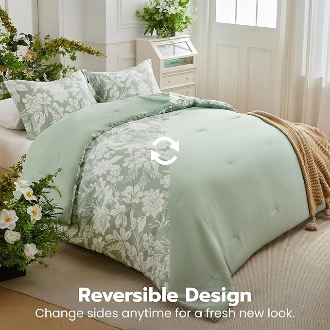 Joiedomi Full Size Comforter Set Sage Green, 3 Pieces Floral Full Bedding Set with 1 Soft Reversible Botanical Flower Comforter and 2 Pillow Shams, Bed in a Bag for All Seasons
