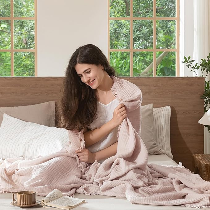 MooMee Muslin Blanket - 100% Cotton 4-Layer Gauze Throw Blanket with Tassels Ultra-Soft Breathable Lightweight Cooling for Bed Couch (Greyish Pink,Super King 108" x 98")