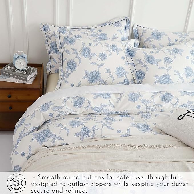 Elegant 100% Cotton Duvet Cover King Size - Soft Blue Peony Flowers on White, Vintage Bedding Set 3Pcs with Button Closure, 1 Duvet Cover 104"x90" and 2 Pillow Shams 20"x26"