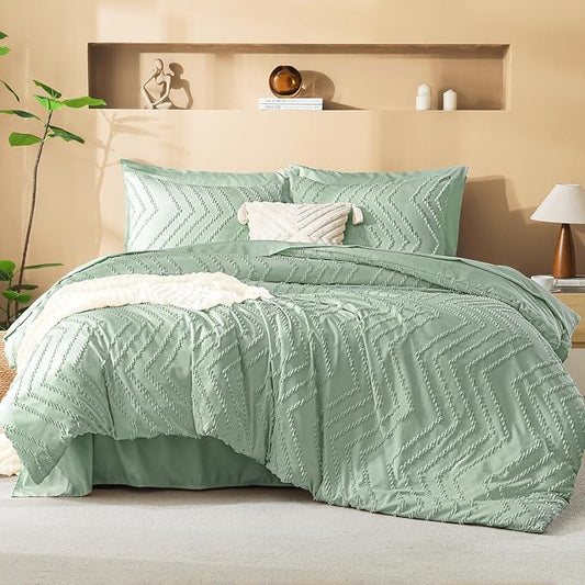 Litanika California King Comforter Set with Sheets Sage Green - 7 Pieces Bed in a Bag Cal King Boho Tufted Complete Bedding Sets with Comforter, Sheets, Pillowcases & Shams