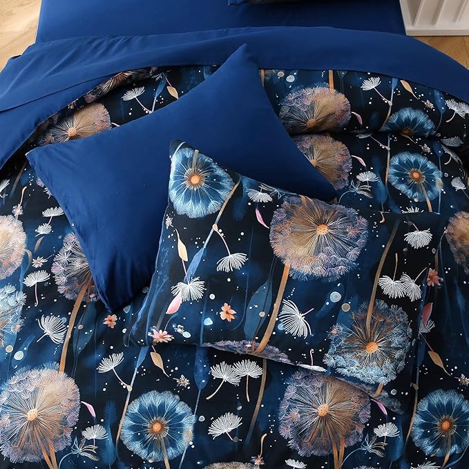 Glow in The Dark Kids Comforter Set, 7 Pieces Blue Dandelion Bedding Set Full Size for Boys Girls Teen, 1 Comforter, 2 Pillowcases, 2 Pillow Shams, 1 Flat Sheet, 1 Fitted Sheet