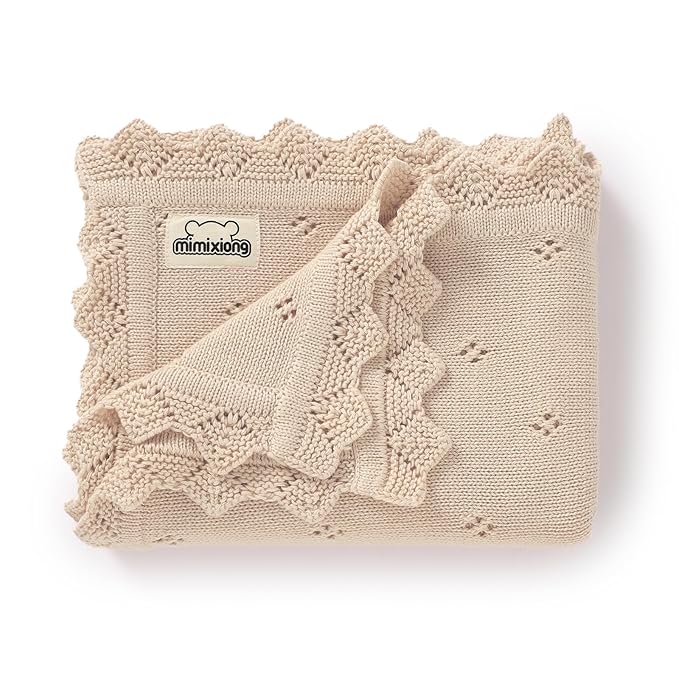 mimixiong Cotton Baby Blanket Knitted Crochet Receiving Crib Nursery Swaddling Blankets for Newborn Baby Boy Girl 30x40 Inch (Oatmeal)