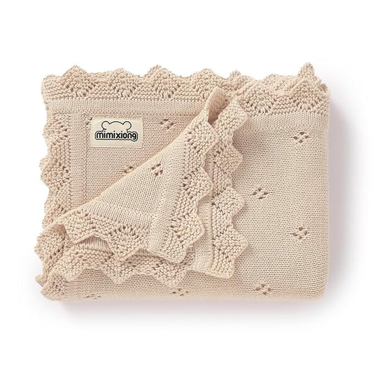 mimixiong Cotton Baby Blanket Knitted Crochet Receiving Crib Nursery Swaddling Blankets for Newborn Baby Boy Girl 30x40 Inch (Oatmeal)