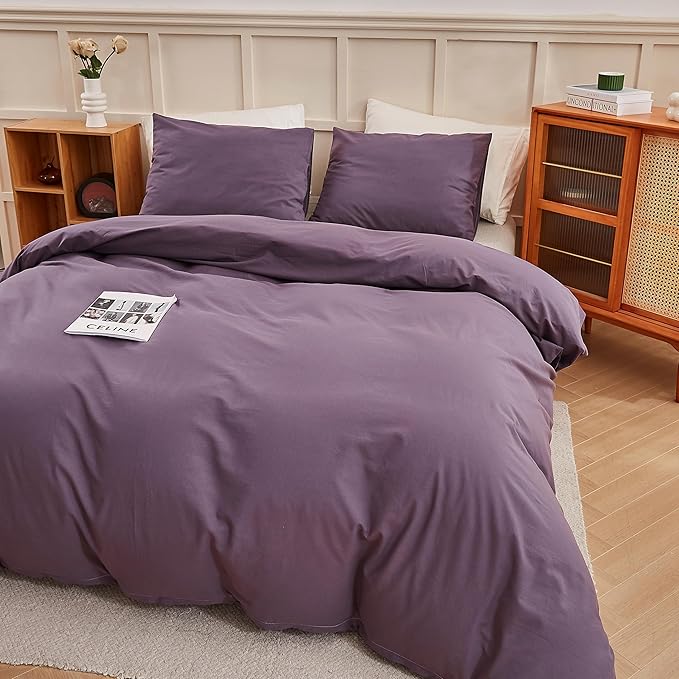 ECOCOTT Purple Duvet Cover California King Size - 100% Washed Cotton Durable Soft Comfy Duvet Cover Set, 3 Pieces Duvet Cover with Zipper Closure (Purple, 104''x98'')