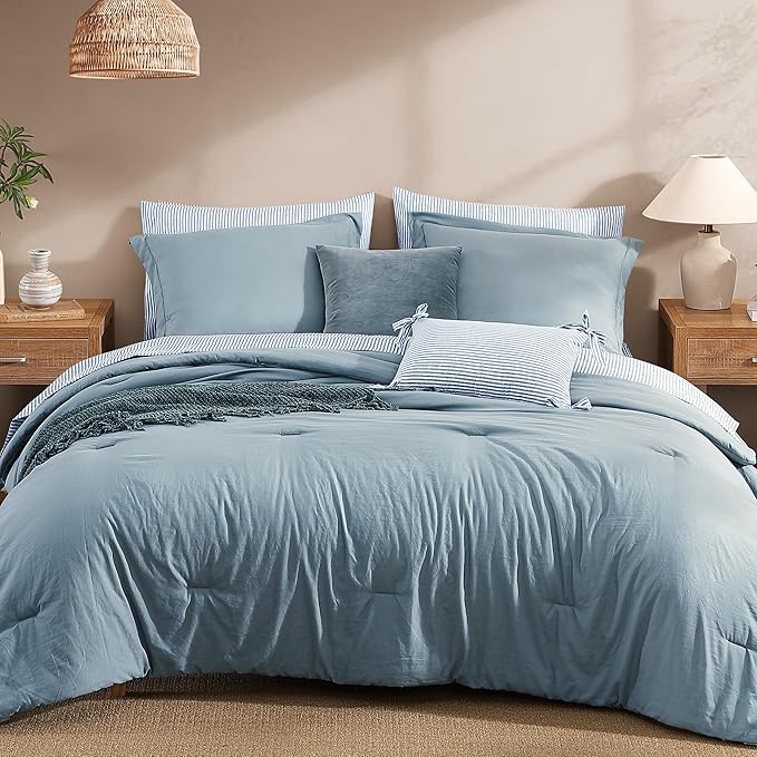 Monbix Full Size Comforter Set - 7 Pieces Dusty Blue Prewashed Bed in a Bag Full Bedding Sets with Comforters, All Seasons Ultra Soft Comforter Bed Set with Sheets,Pillowcases & Shams