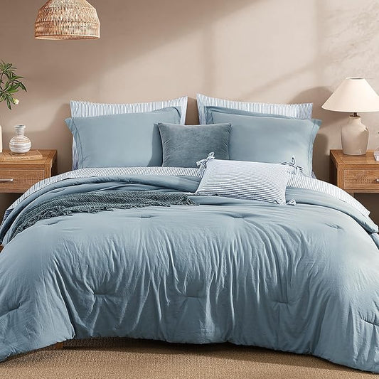 Monbix Full Size Comforter Set - 7 Pieces Dusty Blue Prewashed Bed in a Bag Full Bedding Sets with Comforters, All Seasons Ultra Soft Comforter Bed Set with Sheets,Pillowcases & Shams