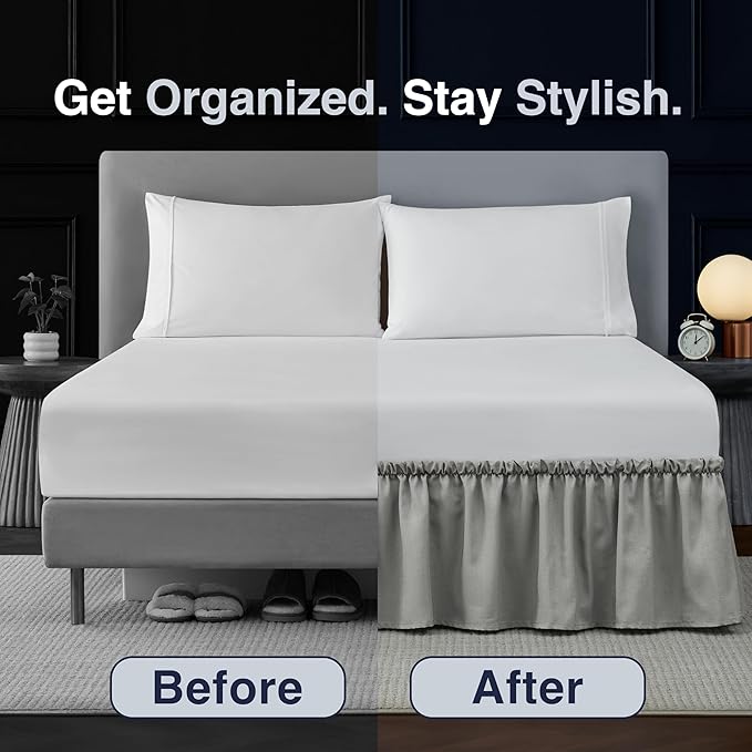 Casual Living Queen Bed Skirt Wrap Around Ruffled Style Box Spring Cover Bed Skirts for Bedroom Decor Machine Washable Premium Bedding 15-Inch Drop Elastic Dust Ruffle, Queen, Grey