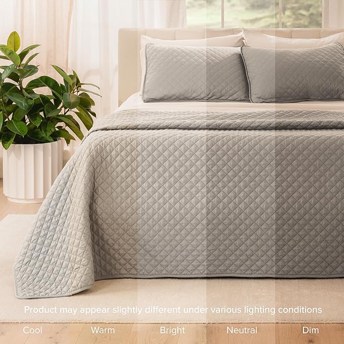 Bare Home Coverlet Set - Full/Queen - Lightweight Bed Decor - Comforter Alternative - All-Season Quilted Bedspread (Full/Queen, Light Grey)