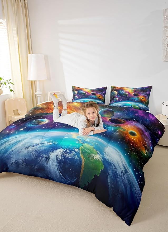 Feelyou Universe Galaxy Comforter Set Queen Size Kids Planets Earth Bedding Set Boy Girl Teen Solar System Comforter Breathable Outer Space Duvet Set Nebula Quilt Set