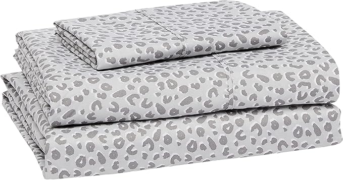 Amazon Basics Lightweight Super Soft Easy Care Wrinkle Free Microfiber 3 Piece Bed Sheet Set with 14-Inch Deep Pockets, Machine Washable, Twin, Gray Cheetah, Printed, Kids, Men & Women Bedding