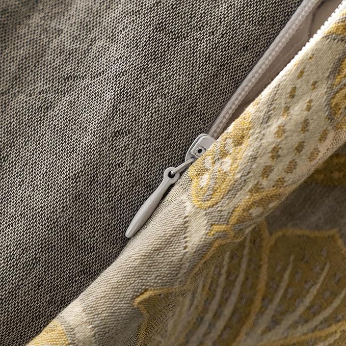 mixinni Duvet Cover Queen, Premium Cotton Double-Layer Yarn Golden Floral Jacquard Reversible Grey Comforter Cover with Edge Design, Farmhouse Bedding Set with 2 Pillowcases Perfect for Him and Her
