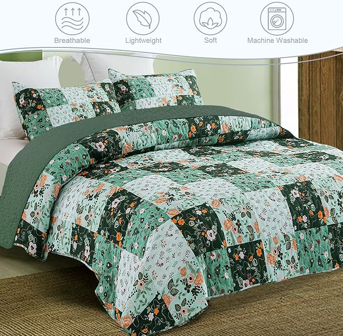 Exclusivo Mezcla Reversible Boho Quilts Twin Size, Green Bedspreads Lightweight Coverlet All Season Patchwork Quilt Bedding Set with Printed Floral Pattern (1 Quilt, 1 Pillow Sham)