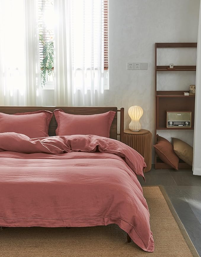 Simple&Opulence 100% Washed Linen Duvet Cover Set with Embroidered,3 Pieces Soft Farmhouse Comforter Set with Button Closure,1 Duvet Cover and 2 Pillowshams(Queen,Coral Red)