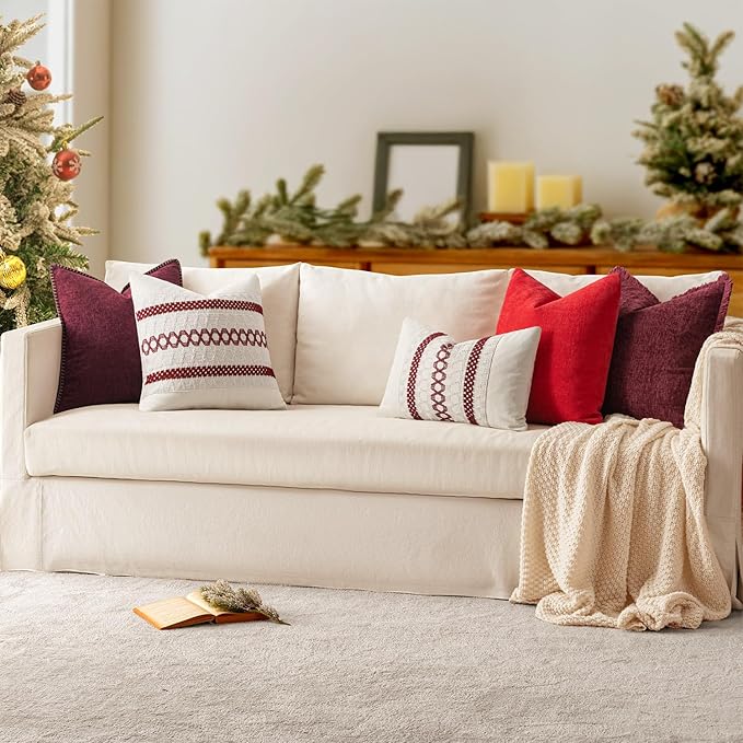MIULEE Pack of 2 Christmas Pillow Covers 18x18 Inch Burgundy Red Farmhouse Decorative Throw Pillow Covers with Stitched Edge Soft Chenille Solid Dyed Couch Pillow Covers for Sofa Bed Living Room