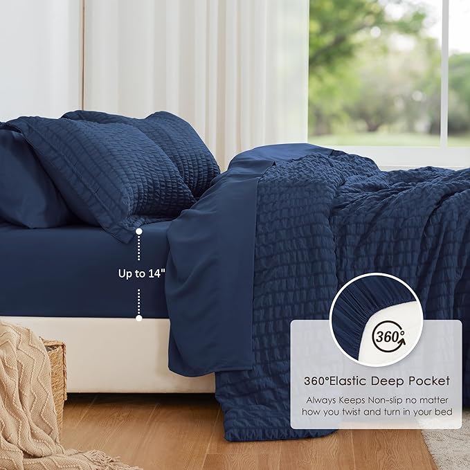 Love's cabin Seersucker Dark Blue Twin Comforter Set, 5-Piece All Season Lightweight Bed in a Bag Bedding Set with Comforter, Flat Sheet, Fitted Sheet, Pillowcase and Sham | Soft, Breathable, Lightweight