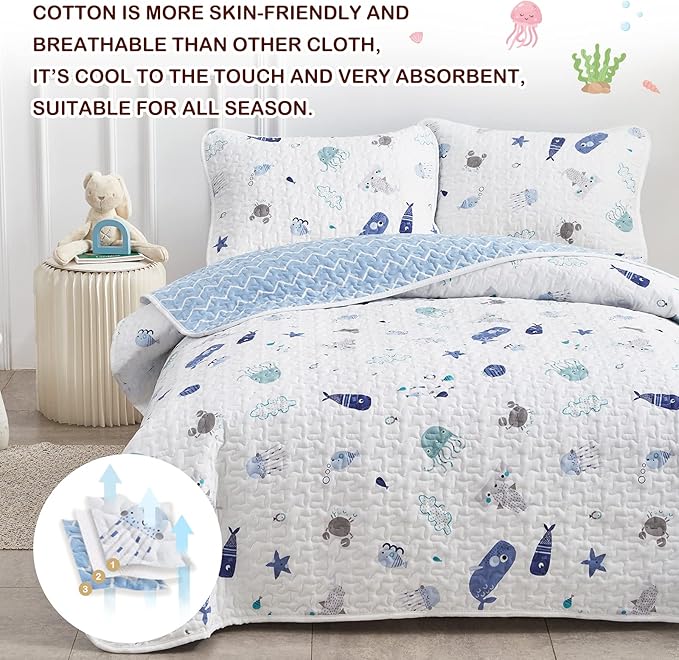 Joyreap 2-Piece Cotton Quilt Set Twin, Vibrant Ocean Theme Starfish Whale Crab Printed on White, Smooth Soft Quilt Bedspread Bed Cover for All Season, 1 Quilt and 1 Pillow Sham- 68x86 inches
