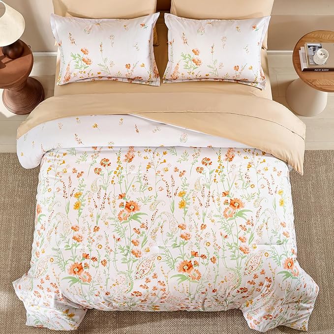 Yiran Coral Orange Watercolour Floral Comforter Set Queen Size, 7 Piece Cute Botanical Comforter Bedding Set, Bed in a Bag Queen, Soft Microfiber Complete Bedding Set with Sheets for All Season