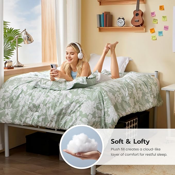 Joiedomi Twin Comforter Set Sage Green, 2 Pieces Floral Twin Bedding Set with 1 Soft Reversible Botanical Flower Comforter and 1 Pillow Sham, Bed in a Bag for All Seasons
