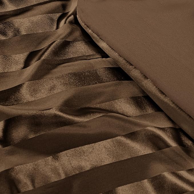 Whale Flotilla 2-Piece Reversible Silky Soft Twin Size Comforter Set, Luxury Stripe Satin Comforter Bedding Set with Satin Pillowcase, Lightweight Duvet Set for All Seasons, Brown
