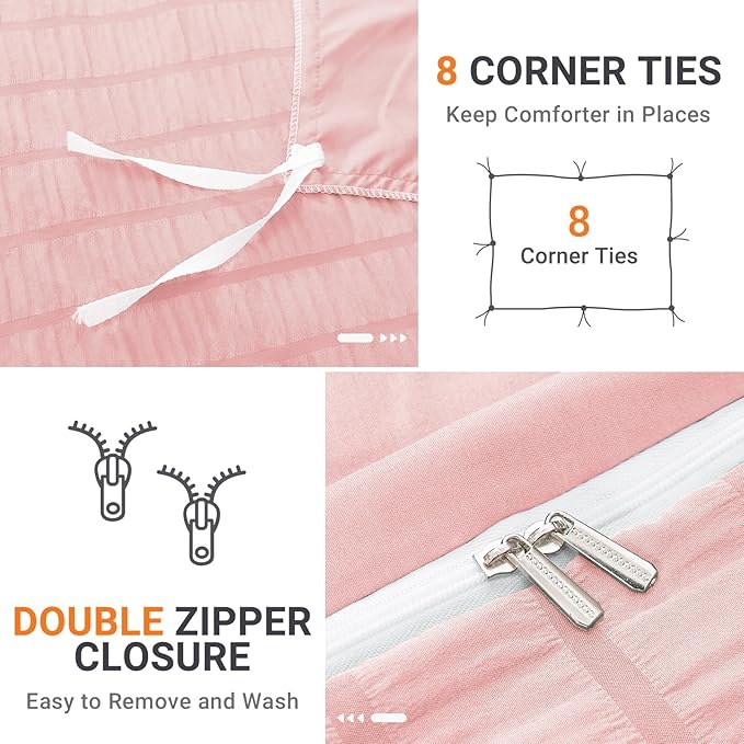HYMOKEGE Pink Duvet Cover Full Size, Ultra Soft 3-Piece Seersucker Duvet Cover Set with Zipper Closure, Soft Brushed Microfiber Bedding Set with 8 Corner Ties (80"x90", 2 Pillowshams)