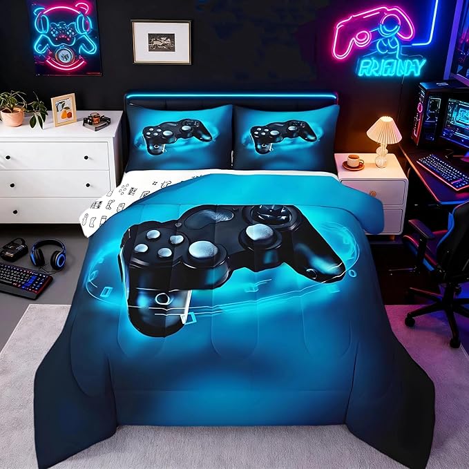 Feelyou Gaming Bedding Set for Boys Gamer Comforter Set for Teens Kids Gamer Room Decor Blue Video Games Comforter Duvet Set King Size Gamepad Quilted All Season 1 Comforter with 2 Pillow Cases