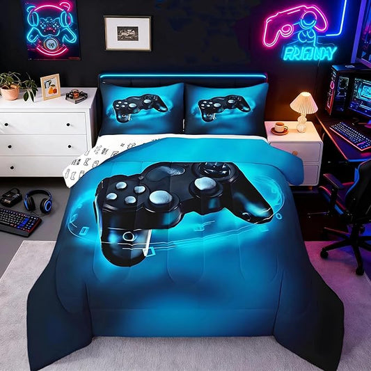 Feelyou Gaming Bedding Set for Boys Gamer Comforter Set for Teens Kids Gamer Room Decor Blue Video Games Comforter Duvet Set King Size Gamepad Quilted All Season 1 Comforter with 2 Pillow Cases