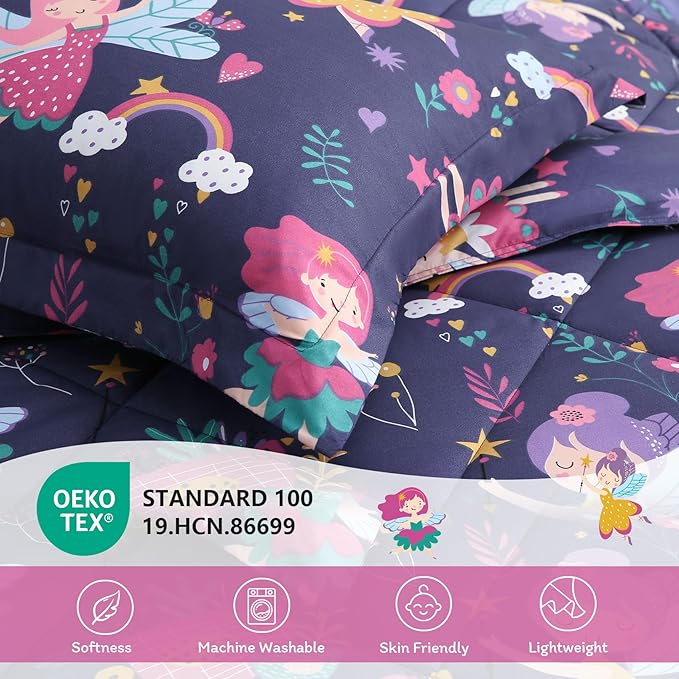 JSD Fairy Kids Comforter Set Queen Size, 3 Piece Girls Floral Printed Microfiber Bedding Set, Machine Washable