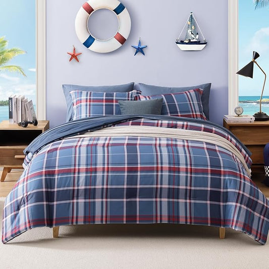 Plaid Full Size Comforter Set Navy Red, Bedding Set 7 Pieces for Boys Girls Teen, Lightweight Bed in a Bag for Dorm with Sheets, Pillowcases & Shams