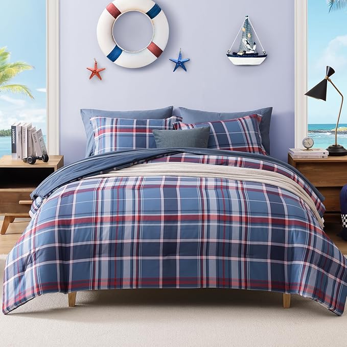 Plaid Twin XL Comforter Set Navy Red, Bedding Set 5 Pieces for Boys Girls Teen, Lightweight Bed in a Bag for Dorm with Sheets, Pillowcase & Sham